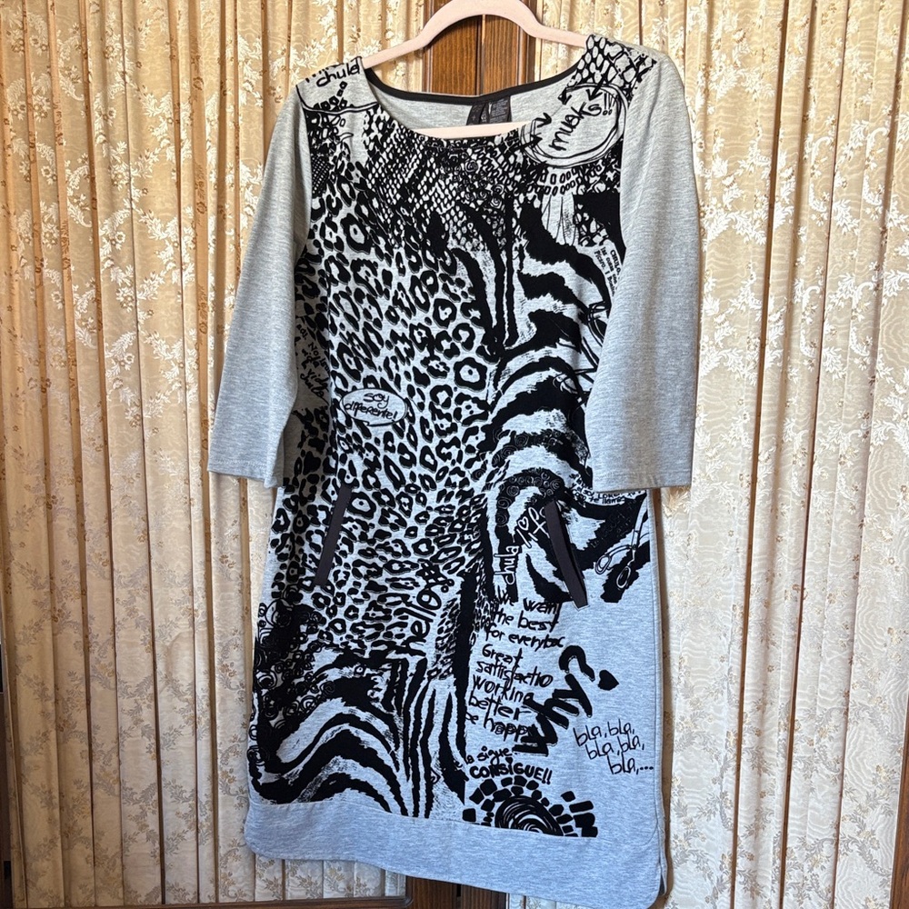 Desigual Black and Gray Patterned Dress L